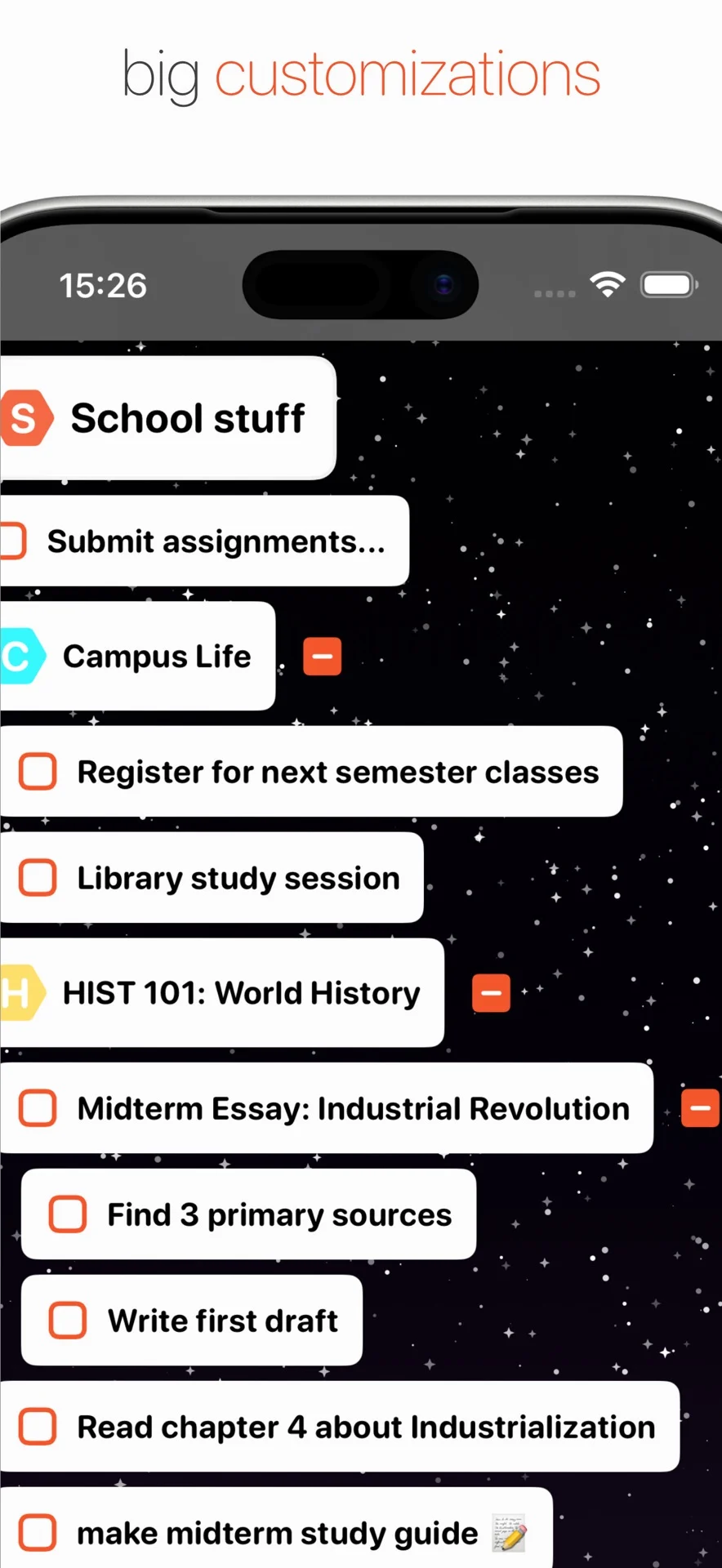 BigPlan showing nested course and assignment lists on a starry backdrop