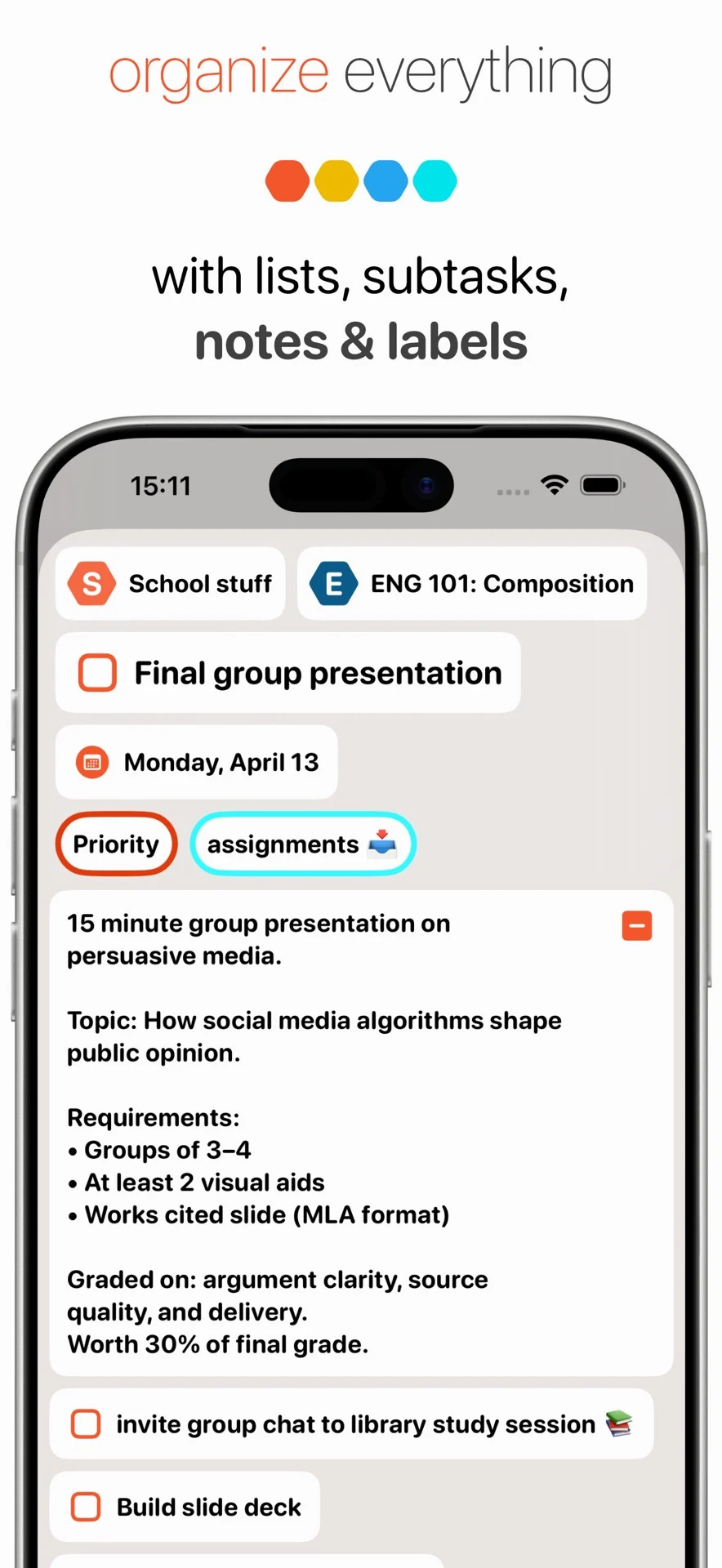 BigPlan project details with nested tasks, notes, labels, and a due date