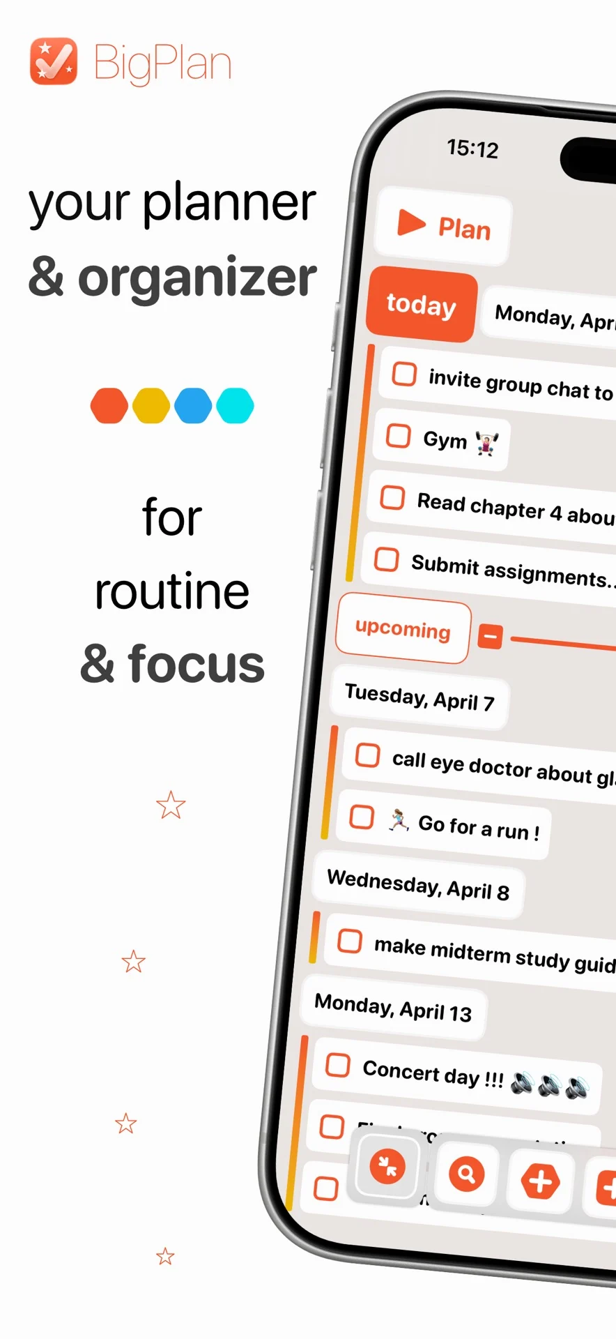 BigPlan timeline showing today and upcoming tasks on an iPhone