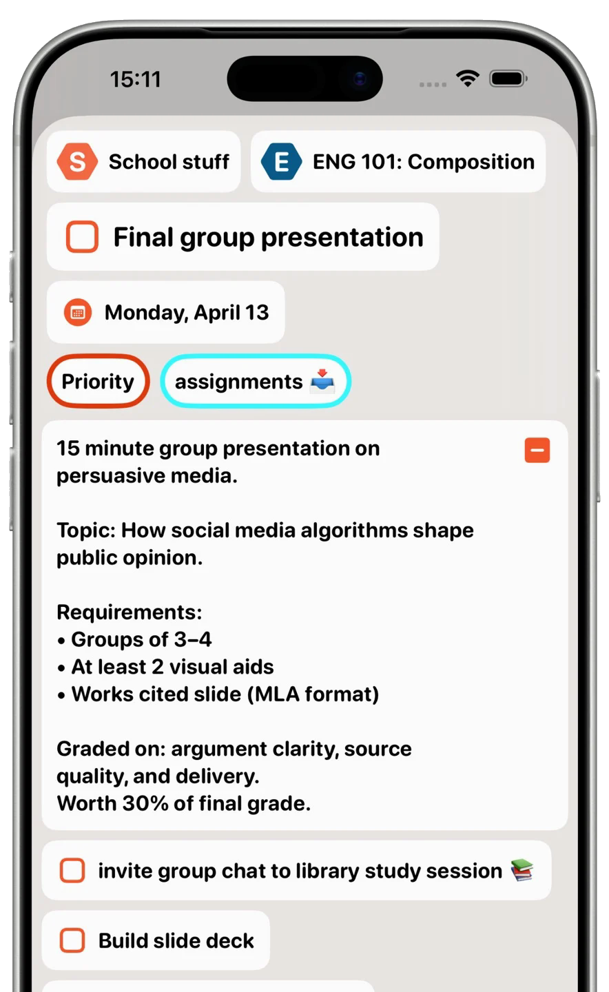 BigPlan task details with nested tasks, notes, labels, and a due date